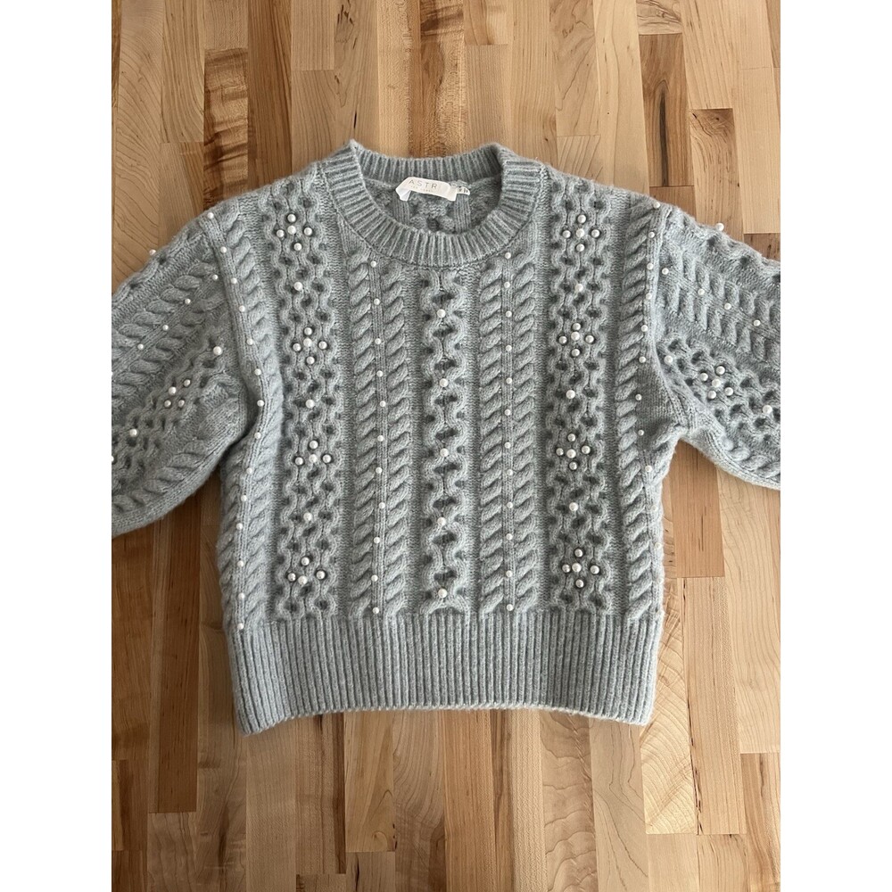 ASTR Puff Sleeve Cable Knit Sweater Pearl Beaded Soft Stretchy Light Blue XS